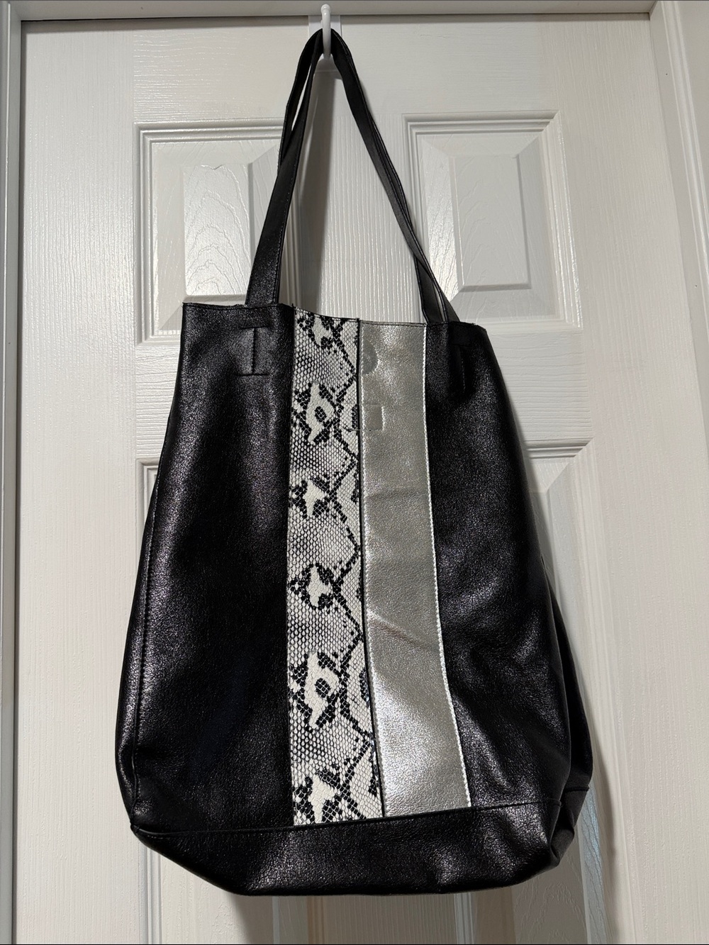 Circus by Sam Edelman Black Tote with Snake-Print and Silver Panel